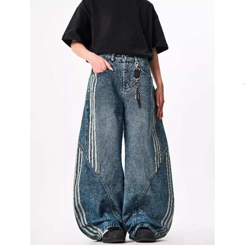 Y2K Custom Women Jeans Vintage Reconstruction Denim Pants Wide Leg With Distressed Wash And Stripe Details 251029