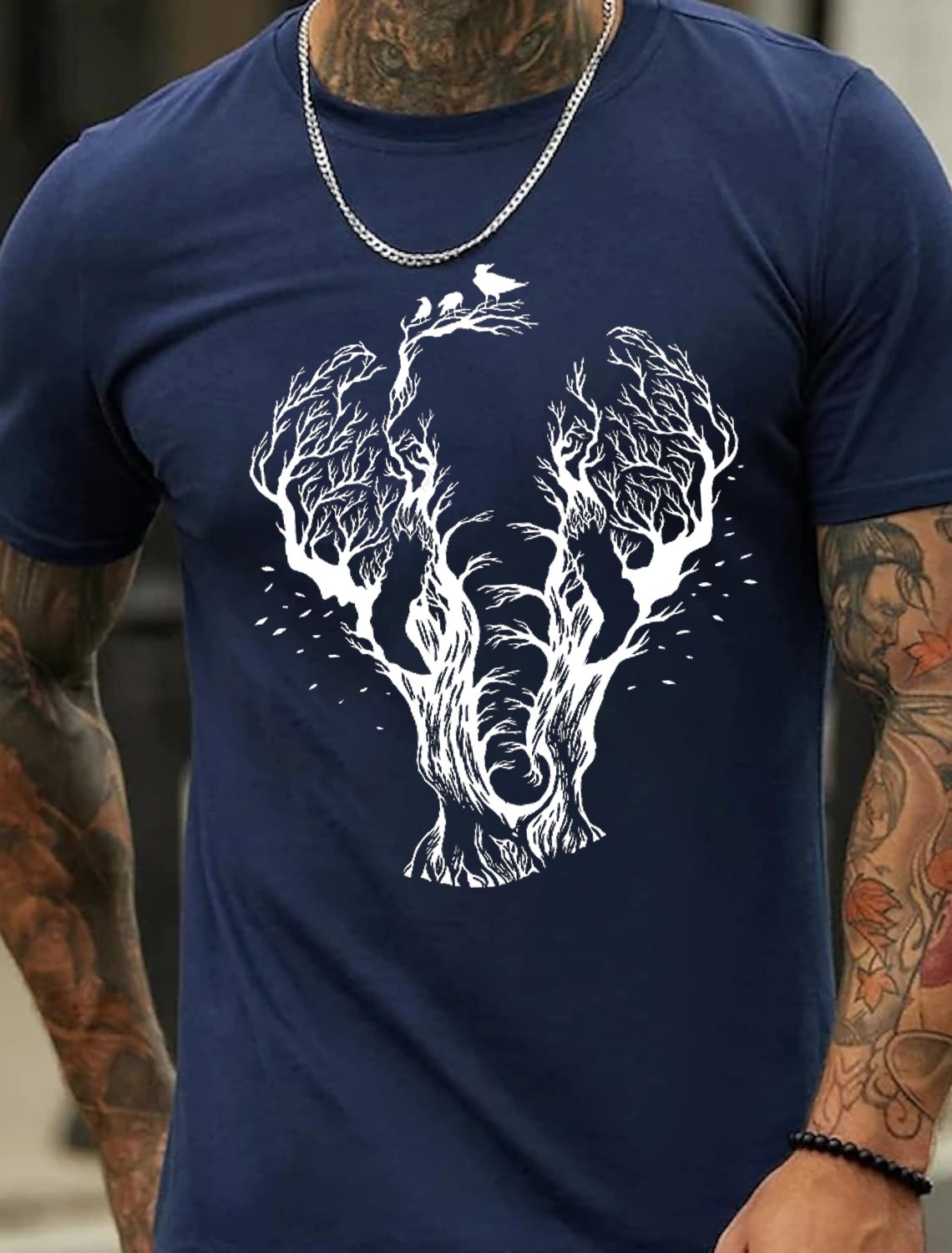 European and American Oversized Elephant and Forest Print Men's Cotton Summer T-Shirt - TT7185