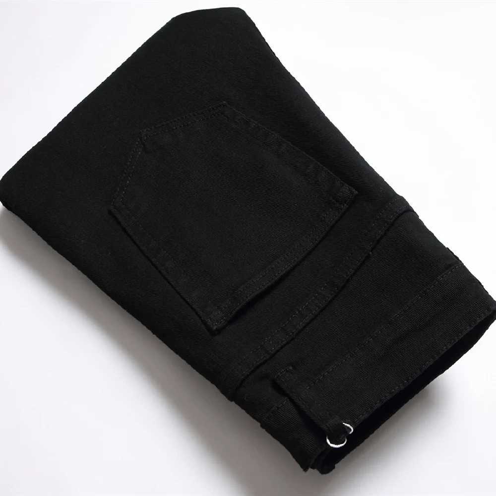 Men Black Stretch Skinny Fit Pencil Jeans Trousers Knee Ripped Distressed Motorcycle Biker Jeans Pants For Mens J251030