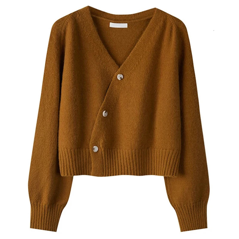 HELIAR Autumn Winter Skew Buttons Cardigan Vneck Sweater Women Knitted Long Sleeve Tops Korean Loose Solid Cashmere 251028