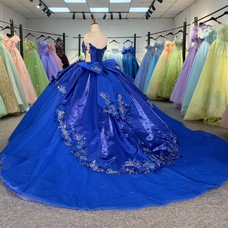 Royal Blue Shiny Quinceanera Dresses Off The Shoulder Applique Flower Beading Bow Tull Party Birthday Sweet 16 Dress Vestidos 15 Anos