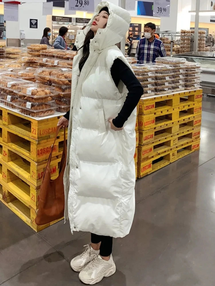 2025 Down Cotton Long Waistcoat Women Vest Jackets Warm Elegance Coats Winter Women Korean Laceup Sleeveless Puffer Jacket 251029