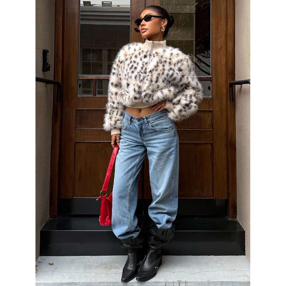 Women S Real Fur Like Faux Jacket With White Collar Leopard Print Winter Coat Belted Waist No Stretch For Fall Winter Warmth Casual Dressy Outerwear H