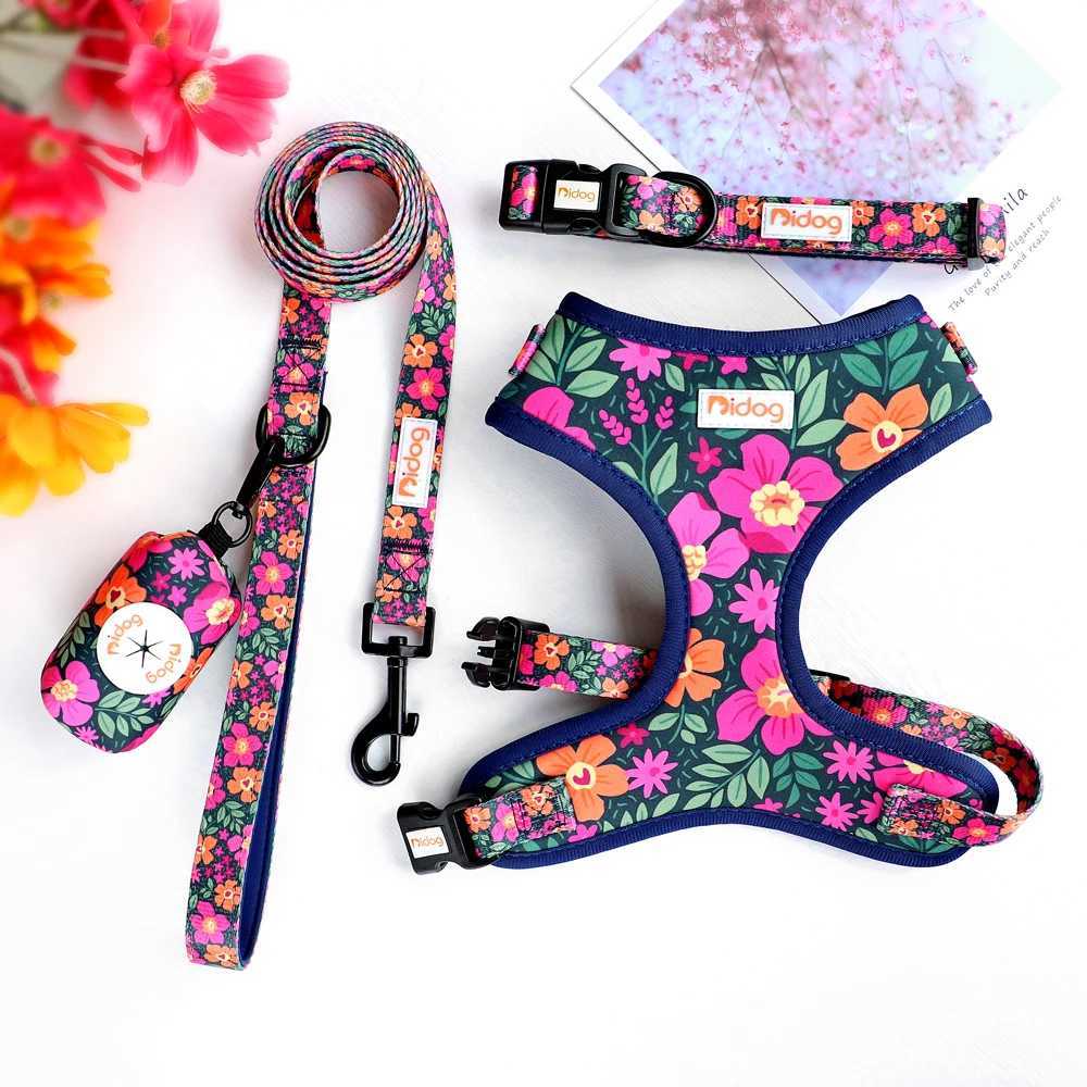 Mesh Nylon Dog Collar Harness Leash Garbage Bag Set Printed Pet Harnesses Vest Collars With Waste Poop Bag For Small Medium Dogs J251129