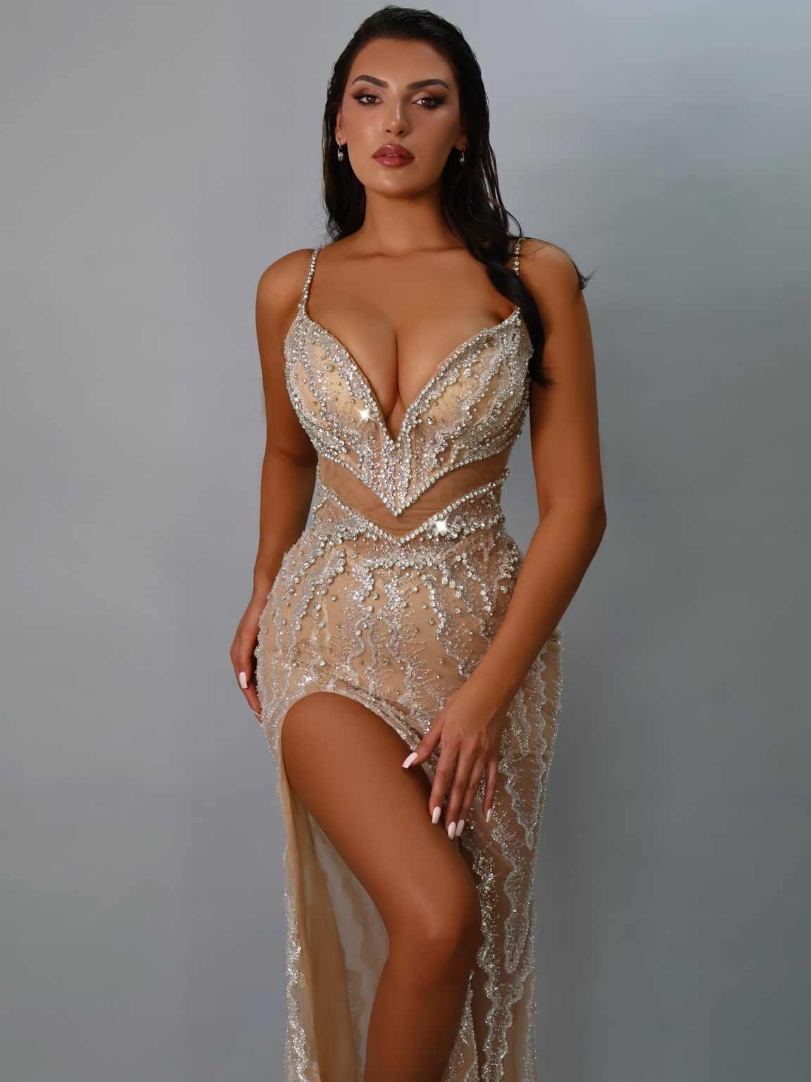 Shine Prom Gown Crystal V-Neck Evening Dress Beads Party Prom Dresses Sexy Slit Bridal Gowns Robes De Mariee Size Customized vestido de novia L252833