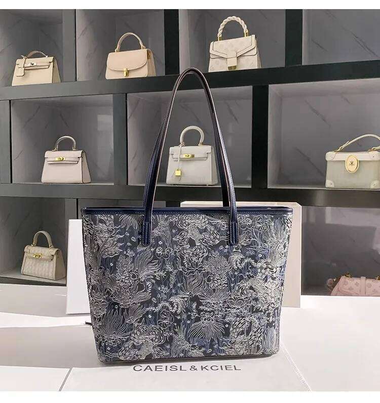 Large Capacity Blue Color Embroidery Tote Fashion Purse High Quality Women Handbag Shoulder Underarm Female Shopping Bag