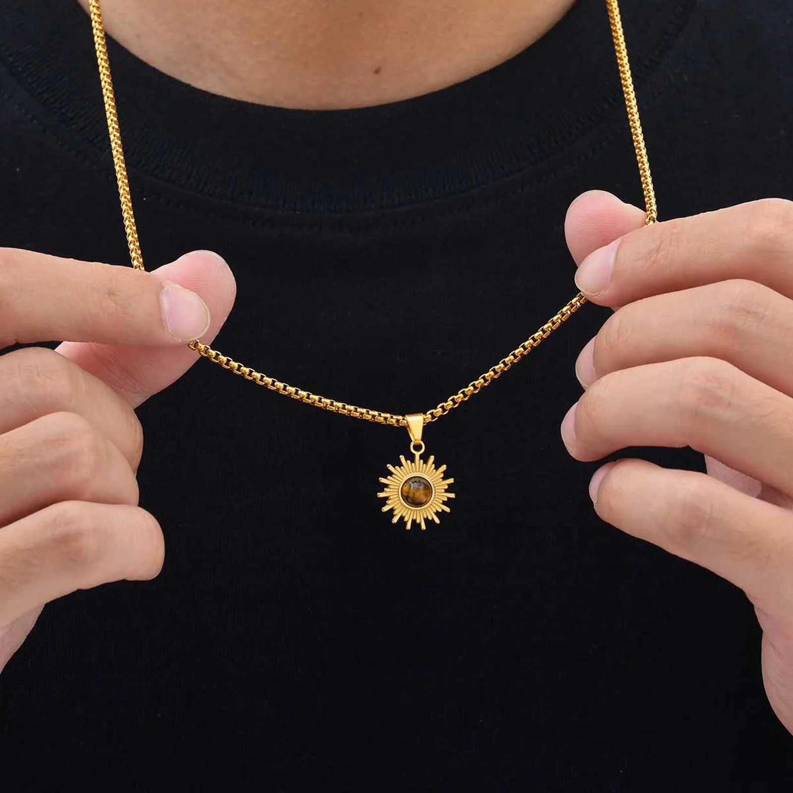 Trendy Sunflower Necklace for Men BoysStainless Steel Natural Stone PendantJewelry Gift for Husband Dad Son BBFXJ251030
