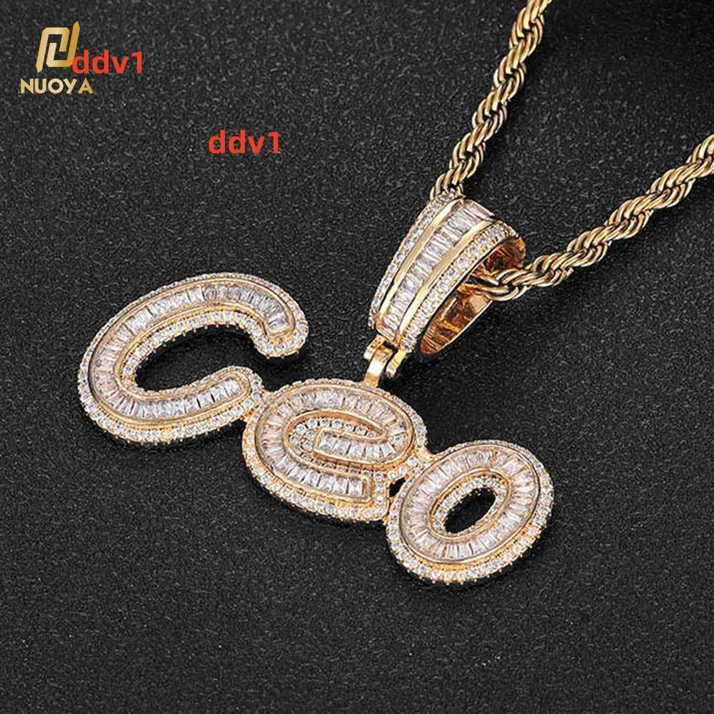 Nuoya Hip Hop Jewelry Personalized Custom Name Necklace Iced Out Baguette Diamond Initial Letter Pendant for Women Gift Fashion Customizable