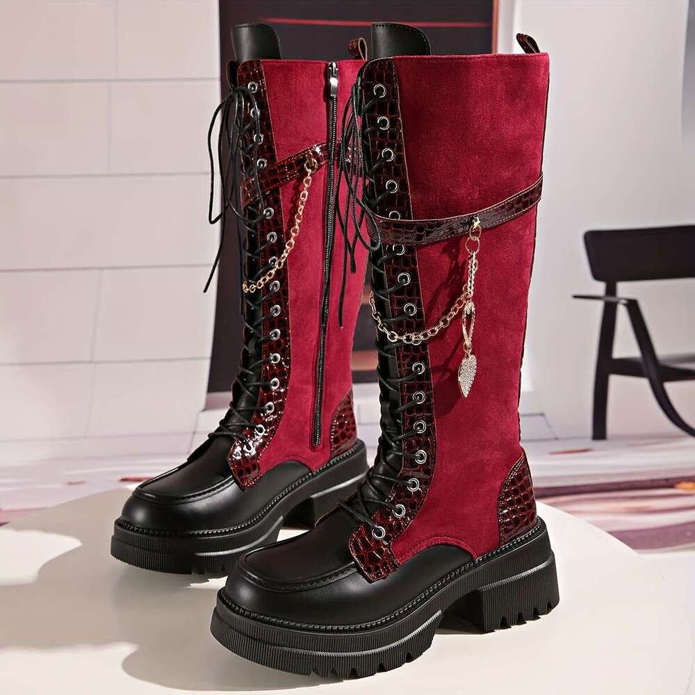 Women's Winter New Solid Color Patchwork Lace-Up Heart Metal Chain Side Zipper Thick Sole Chunky Heel Knee-High Boots, Fashionable Versatile Casu