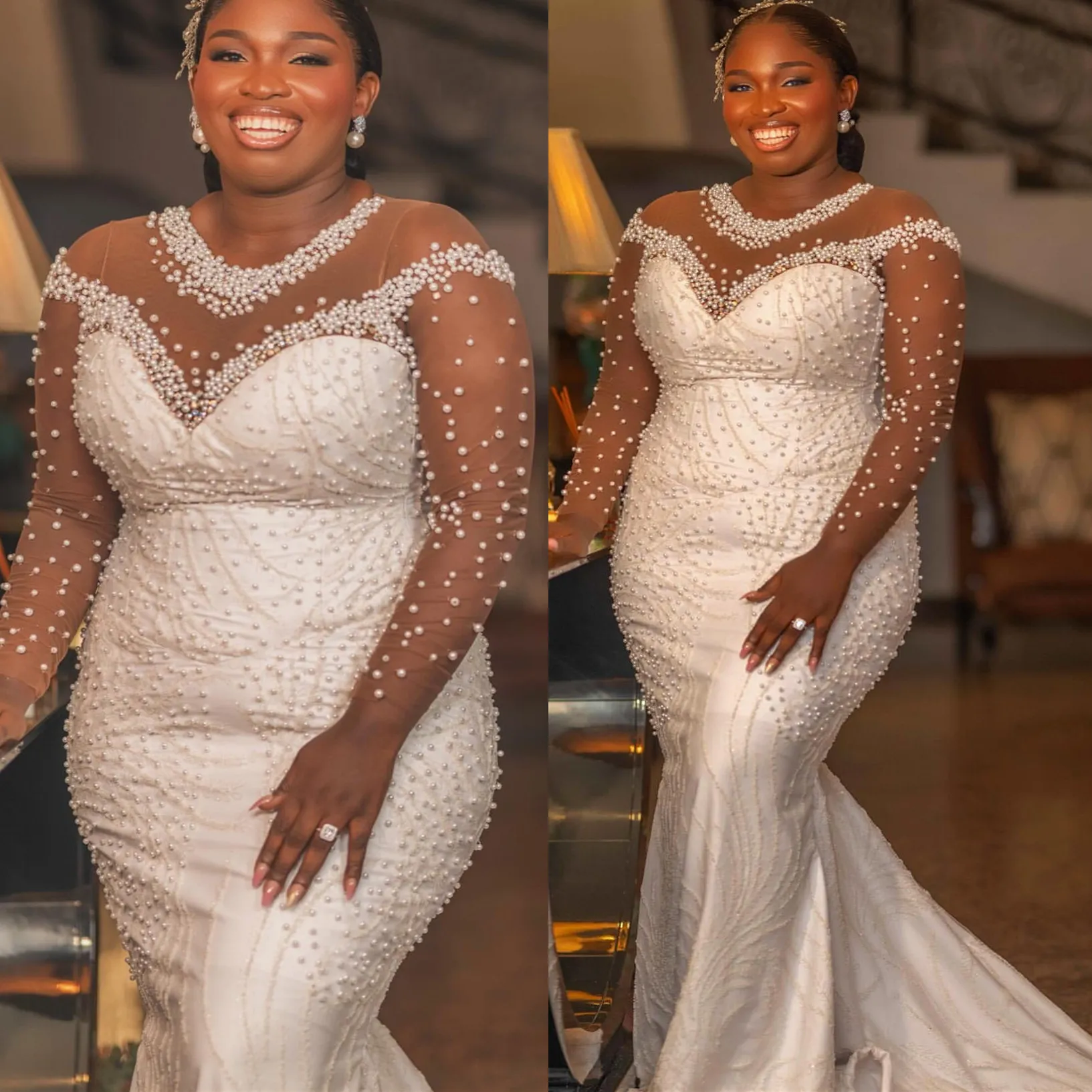 Ivory Mermaid Wedding Dresses Plus Size Lacefull Pearls Sheer Neck Vintage Bridal Gowns Dress Vestidos De Novia