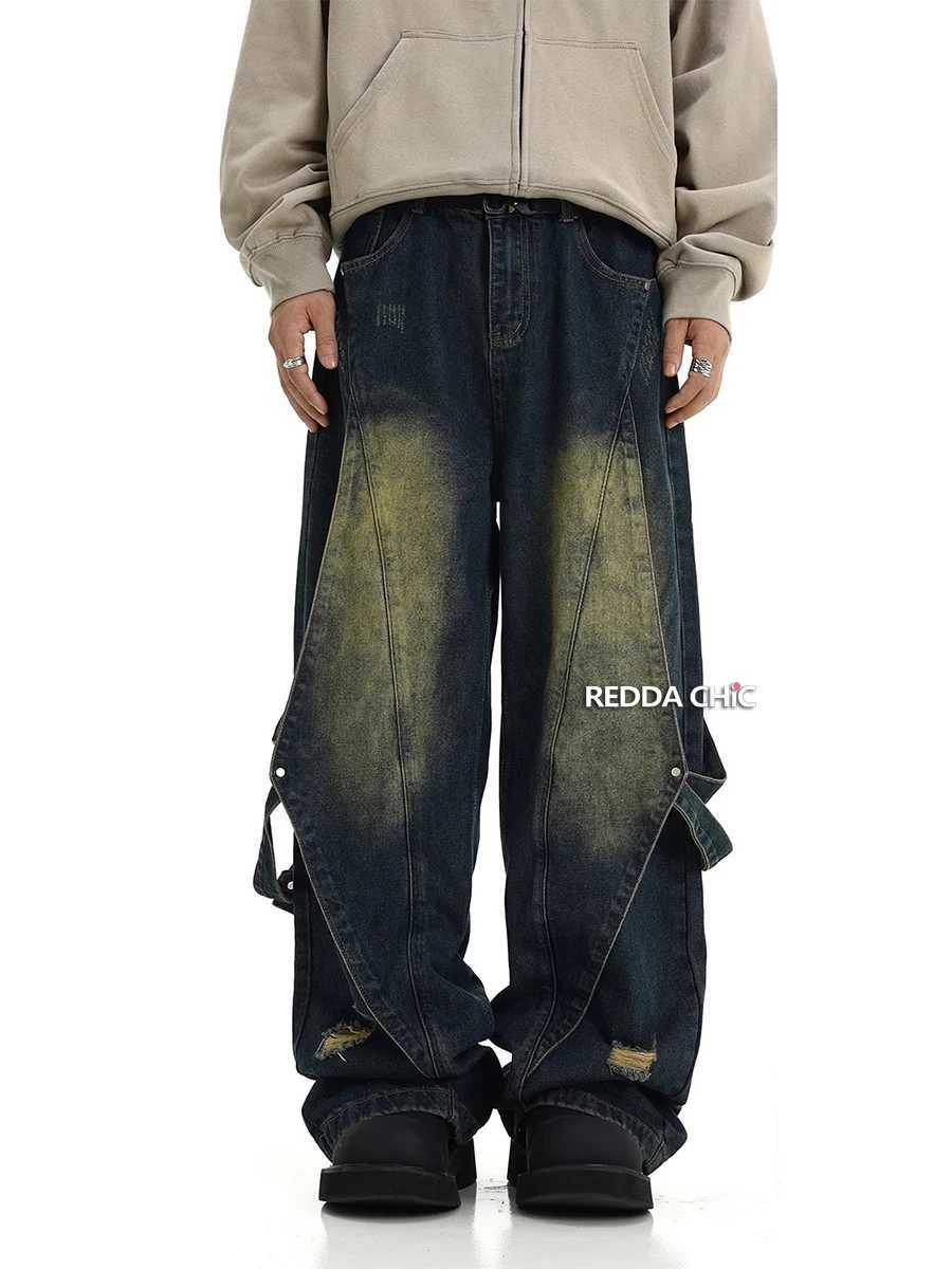 REDDACHiC Belt Deconstructed Baggy Jeans Men Vintage Wash Destroyed Frayed Spliced Straight Casual Wide Leg Pants Y2k Streetwear J251030