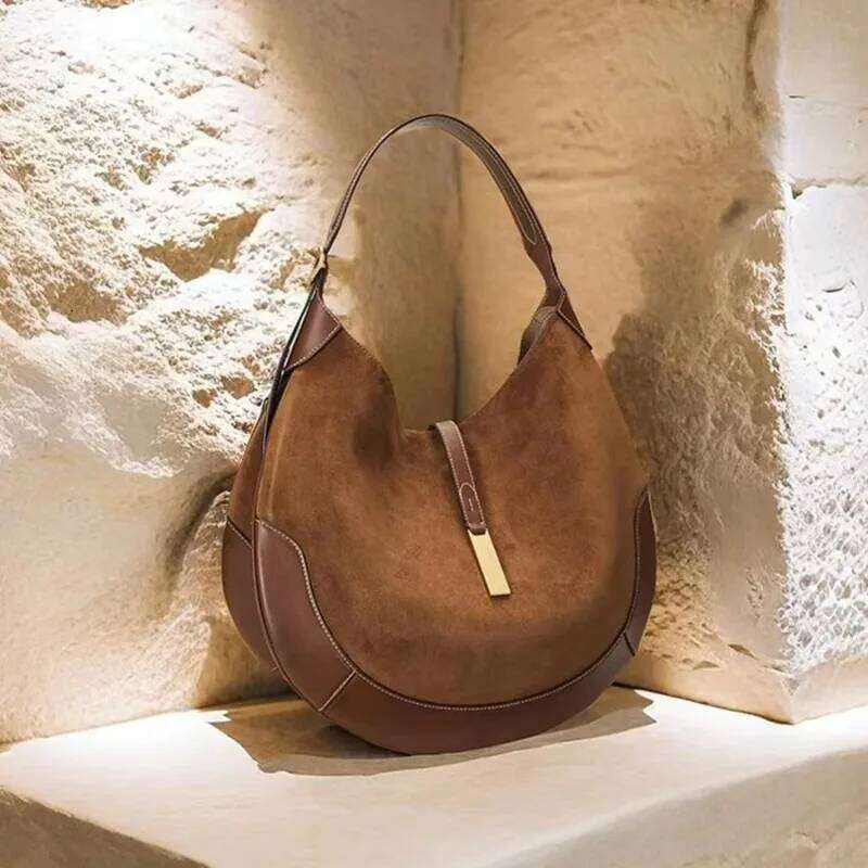 New Women's Underarm Suede Splicing PU Leather Design Dumpling Bag Fashion Shoulder Back Crescent Handbag