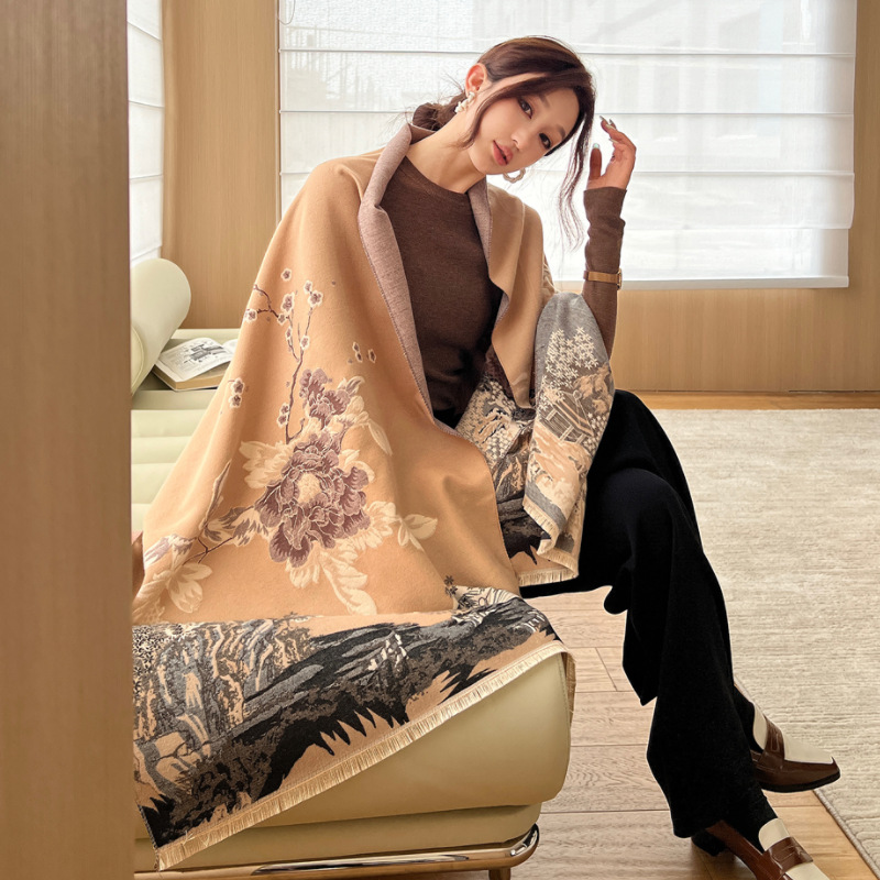 Korean Style Artistic Landscape Pattern Scarf Autumn And Winter Double Sided Thick Warm Large Shawl Scarf Retro Aesthetic Versatile Scarf