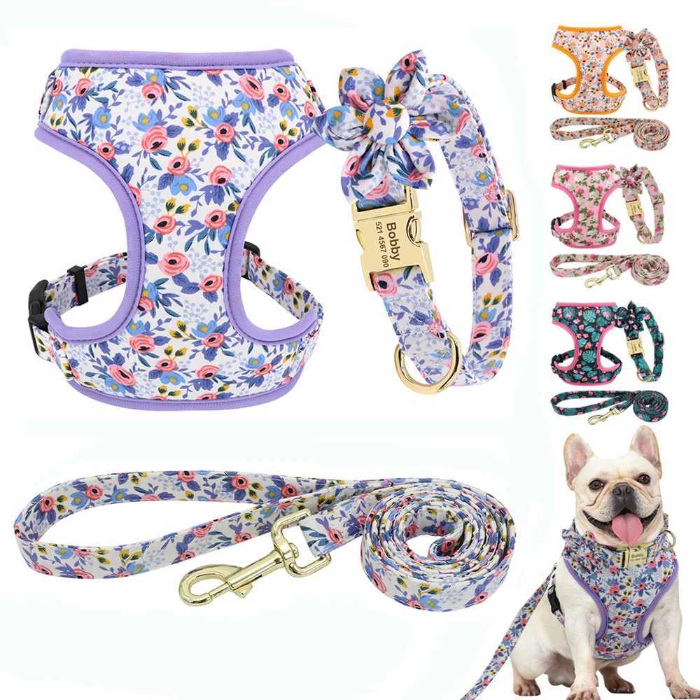 Personalized Dog Collar Leash Harness Set Nylon Small Large Dogs ID Collars Pet Vest Harness Lead Belt Rope Flower Accessories J251129