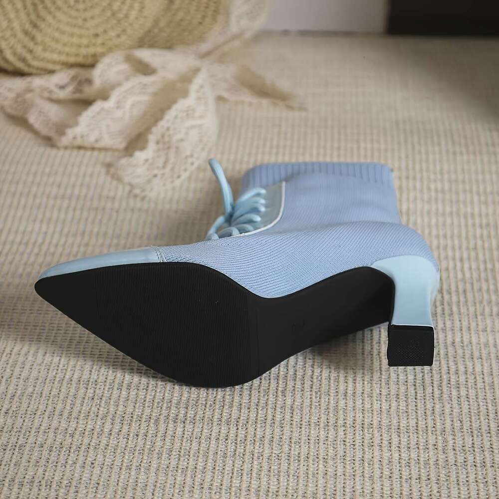 Women's Light Blue Pointed-Toe High-Heel Slip-On Chunky Heel Ankle Boots Elegant Fabric Upper With TPU Sole, Round Buckle Strap Low-Cut Design Fo