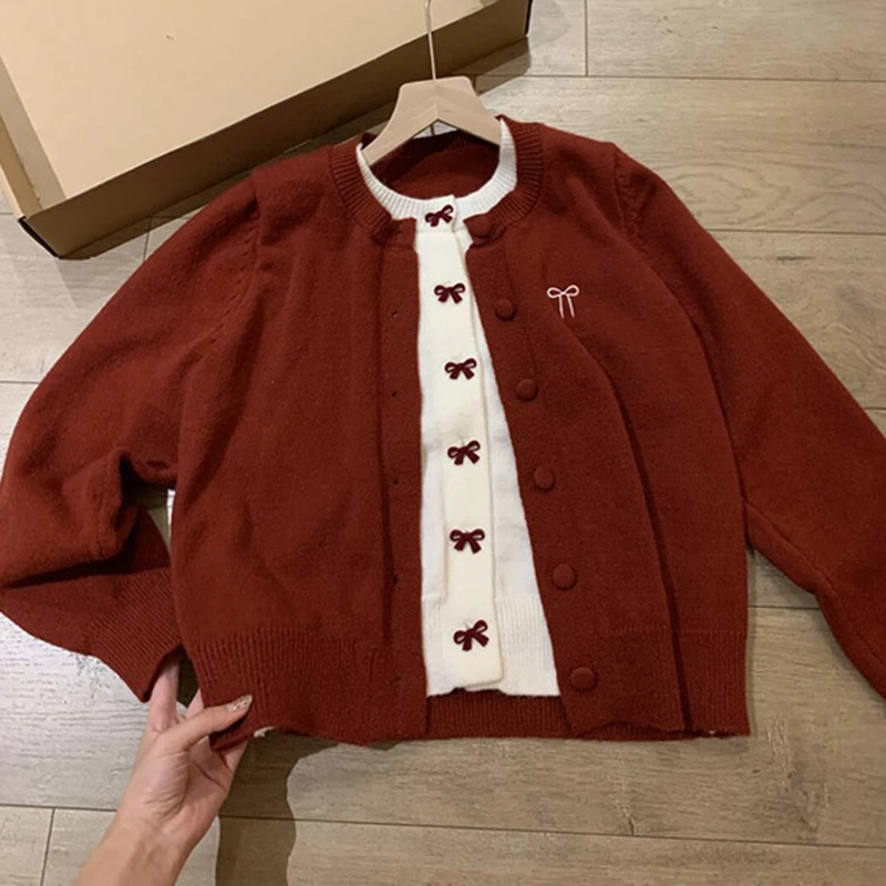 TwoPiece Bowknot Red Cardigans Women Korean Round Neck Long Sleeve Sweater Coats Woman Christmas Knitted Ladies 251028