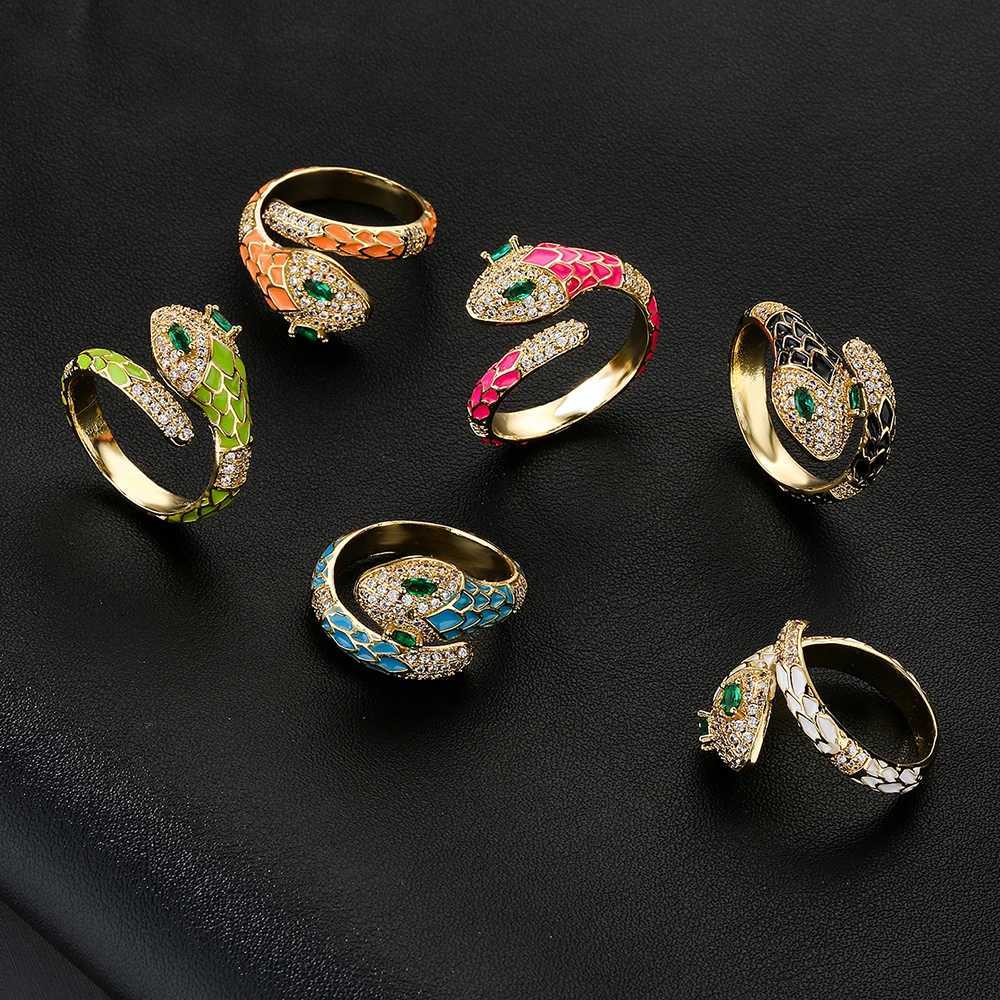 NEWBUY Fashion 6 Colors Enamel Expoxy Snake Open Rings For Women Luxury AAA Cubic Zirconia Pave Setting Copper Jewelry FemaleW251030