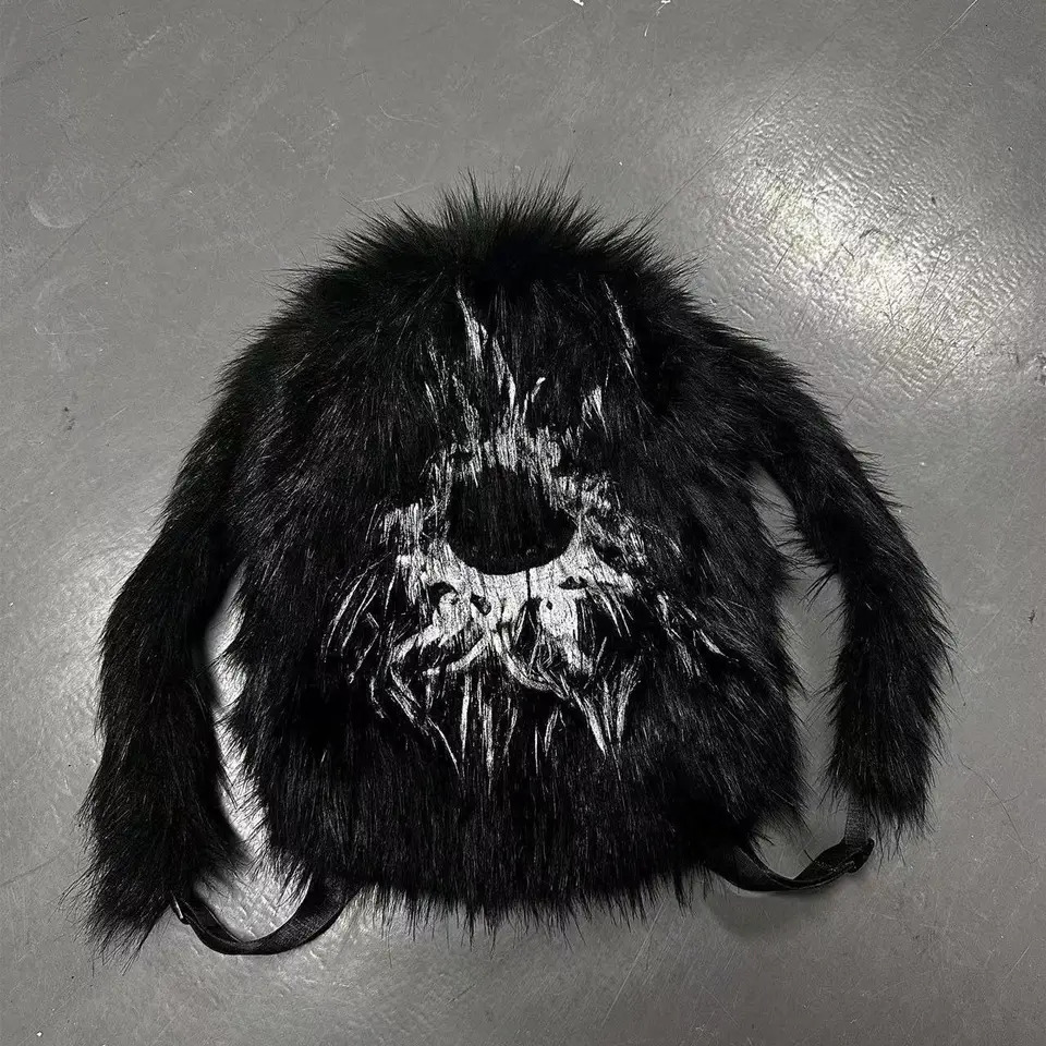 Unisex Black Fur Backpack Large Capacity Winter Fashion Backpacks Raccoon Print Plush Bag Frurry Hiphop School Bags 251029