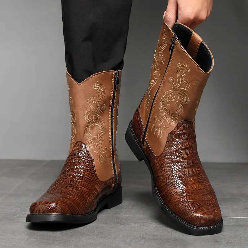 Mens Wide Width Tall Cowboy Boots Fall 2025 PU Leather High Shaft Western Embroidered Workwear Vintage Riding Boots for Outdoor Z251029