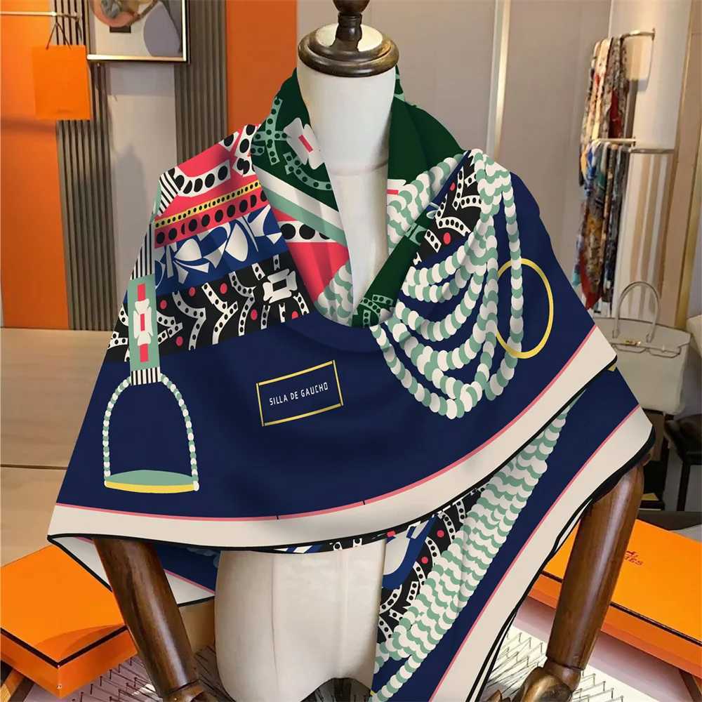 POBING Silk Cashmere Scarf Women Hand Rolled Shawls Saddle Print Square Scarves Wraps Lady Bandana Big Hijabs Female FoulardsW251030