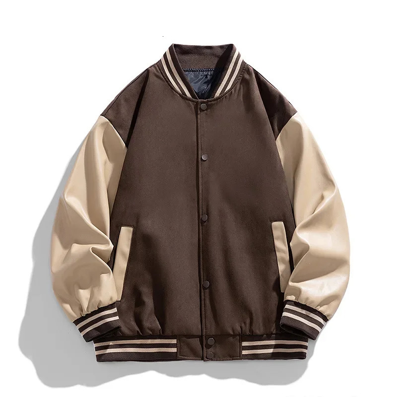 American Retro Suede Baseball Jacket Mens Spring Autumn Casual Leather Sleeve Outerwear JK819 Public Version Couples Style 251028