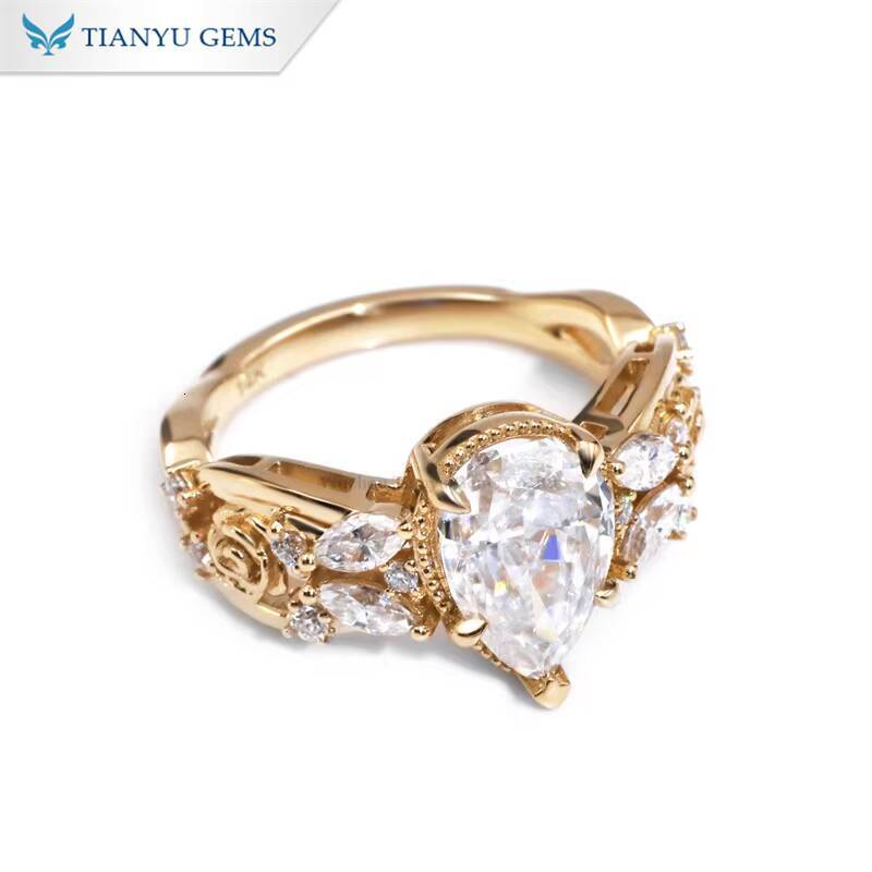 Tianyu Shining 8x12mm 4CTW Pear Cut Moissanite Diamond Solid Gold Rose Band 10K 14K 18K Milgrain Engagement Ring Wedding Gifts