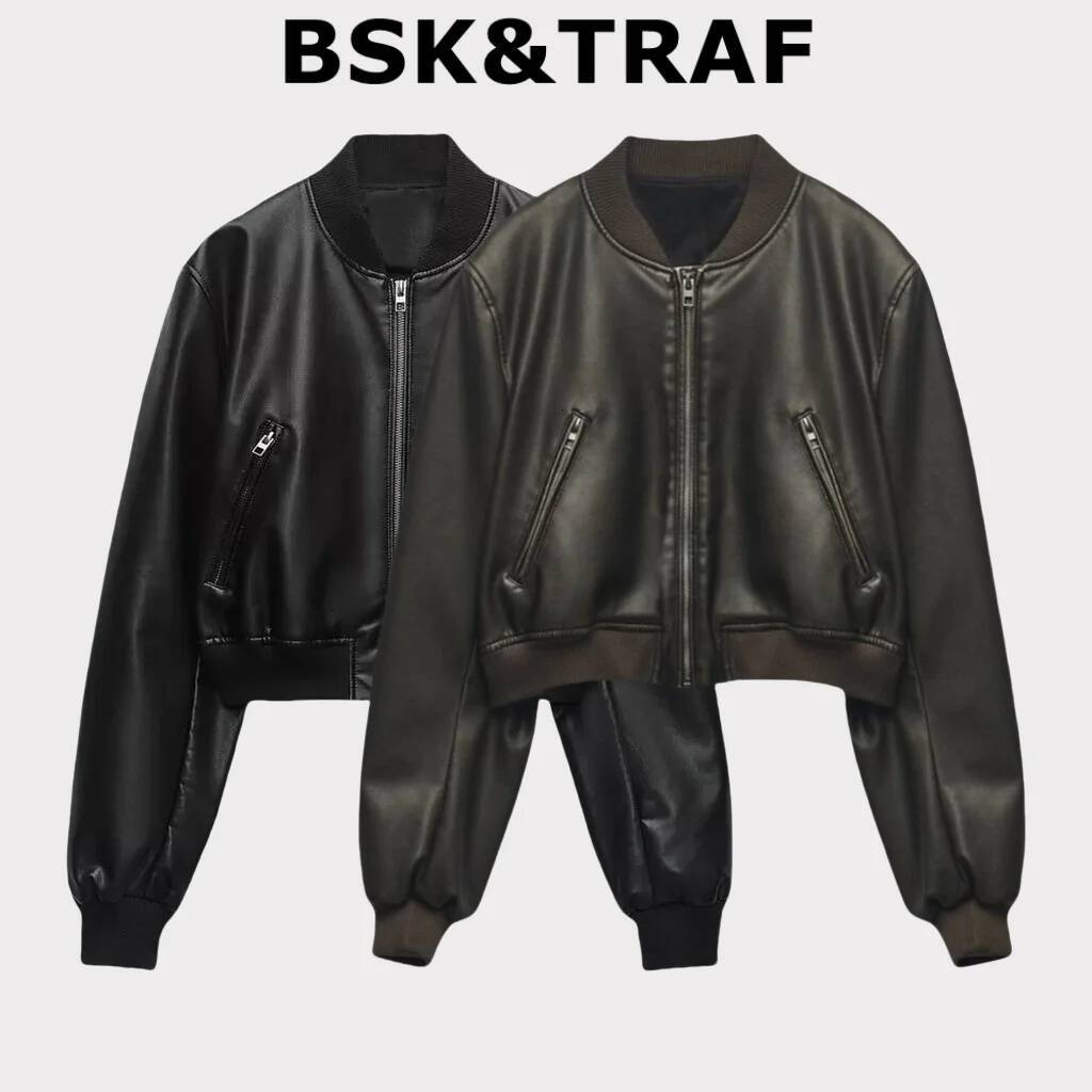 winter jacket women BSK&TRAF Hot Girl Stand Collar Distressed Faux Bomber 2025 Women's Fashion Commuter Leather Jacket