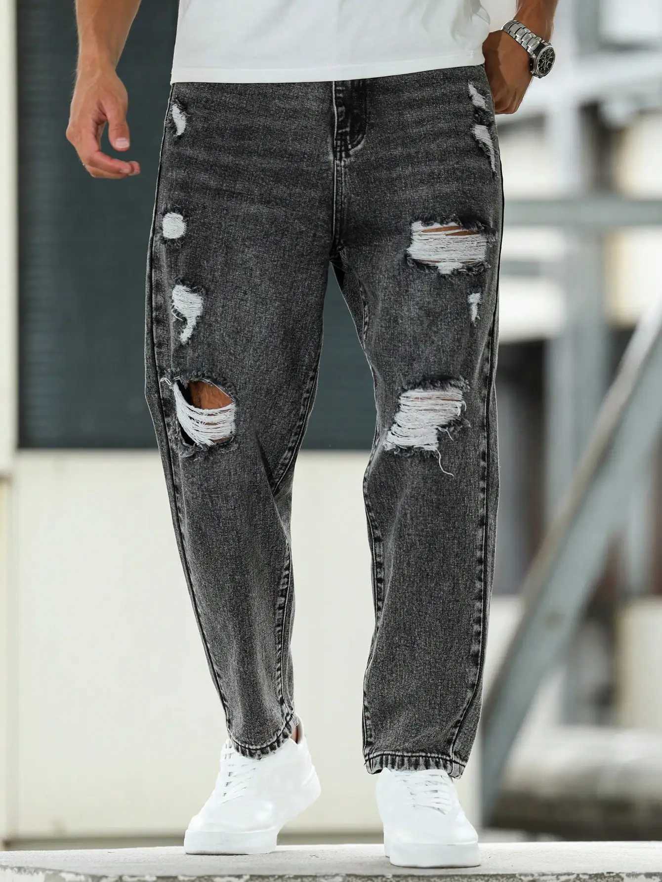 Mens ripped jeans for spring and autumn dark gray harem pants Street style Casual trend J251030