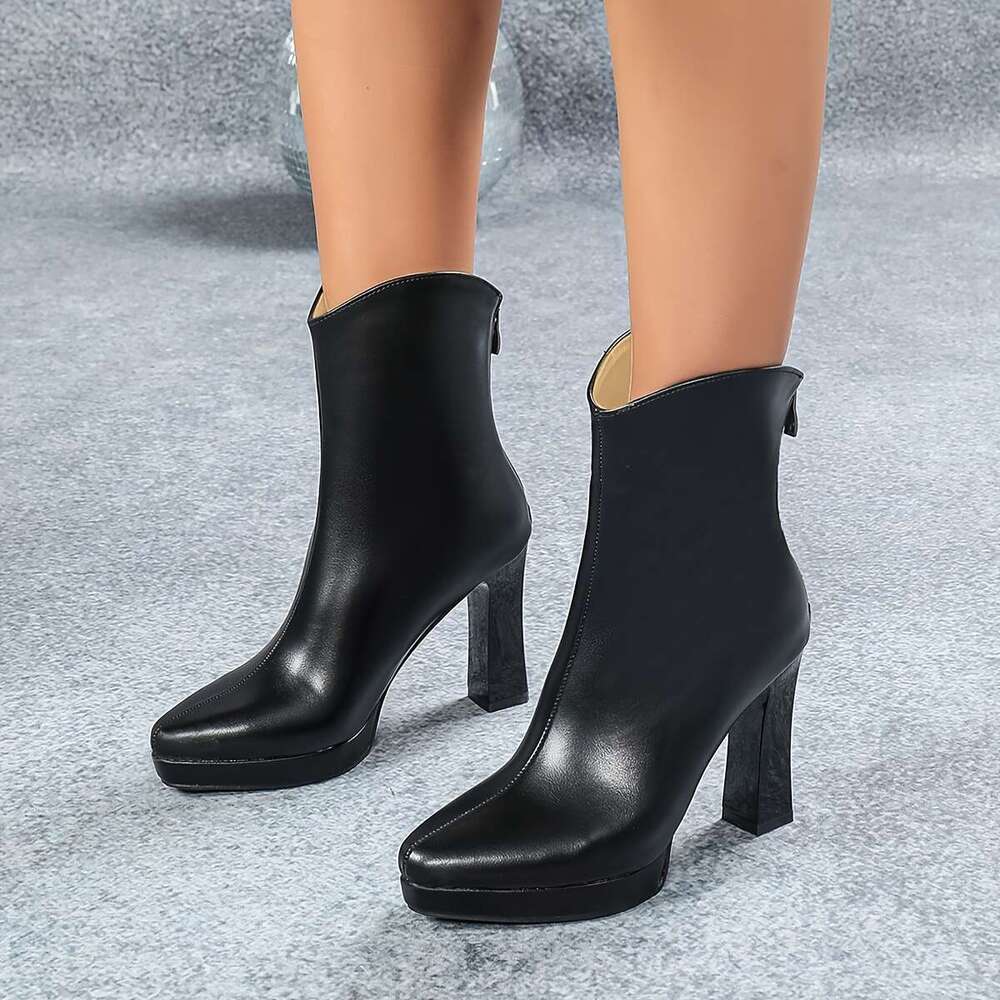Ultra High Heels, High Quality Platform, Small Square Toe, High-Heeled With Back Zipper, Black Midsole Boots, Thick Heel, Winter Short Boots For Women
