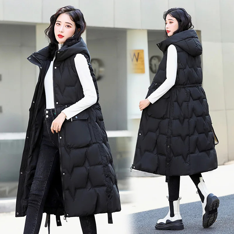 Autumn Winter Hooded Korean Version Womens Down Cotton Vest Coat Sleeveless Over The Knee Loose Lady Waistcoat Jacket 251024