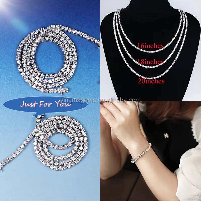 Popular Hip Hop Jewelry 925 Sterling Silver 2mm 3mm 4mm 5mm 65mm Moissanite Tennis Chain Necklace Bracelet for Men Women