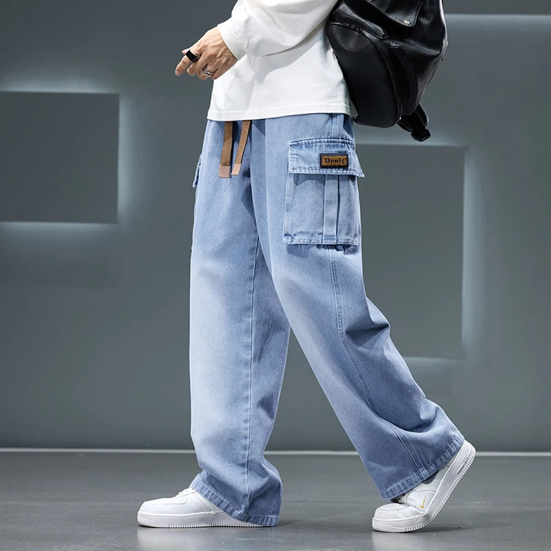 Autumn Wide Leg Washing Jean Pants Men Trousers Neutral Solid Color Loose Casual Fashion Pocket Cargo Pants Big Size 8xl 251029