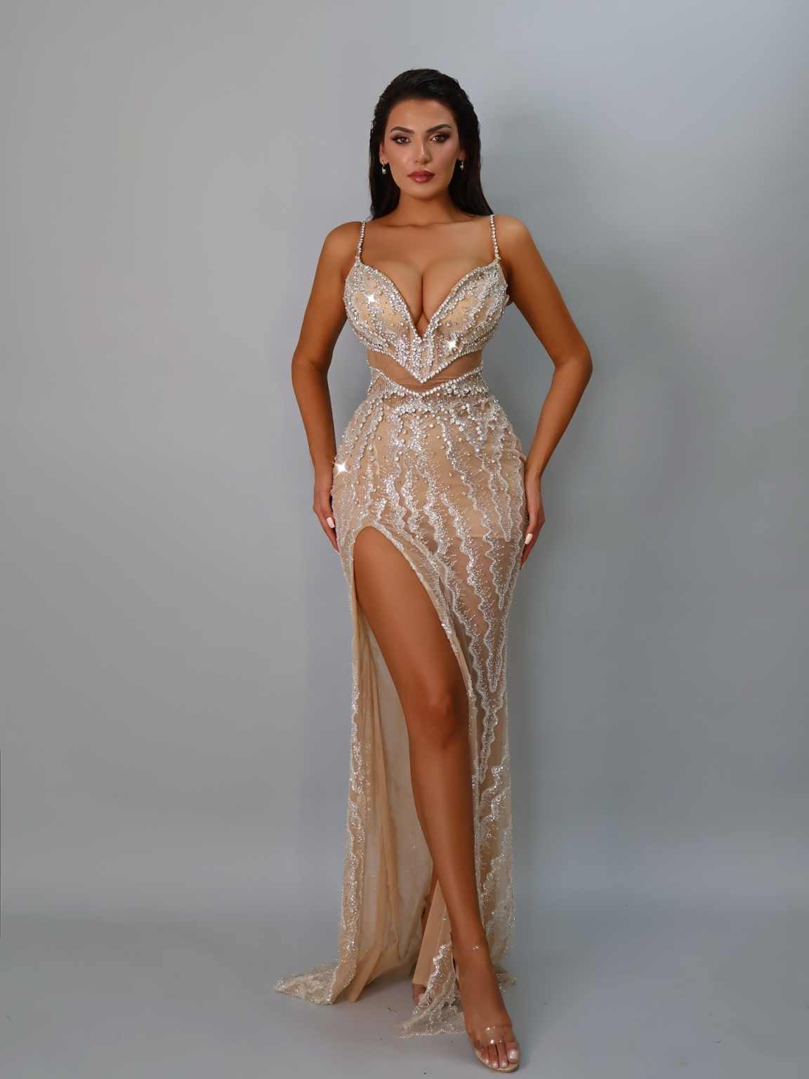 Shine Prom Gown Crystal V-Neck Evening Dress Beads Party Prom Dresses Sexy Slit Bridal Gowns Robes De Mariee Size Customized vestido de novia L252833