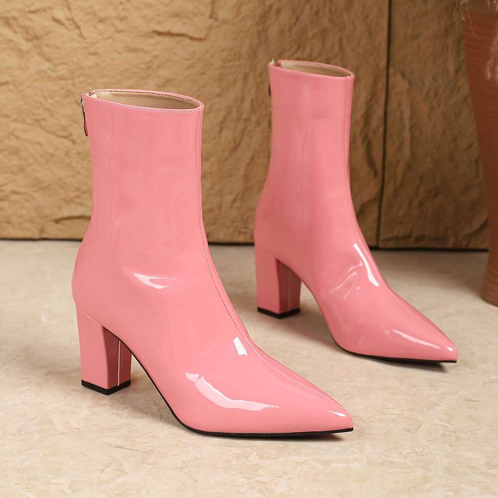 Women's Glossy Pink Pointed-Toe Chunky High-Heel With Zipper Closure Round-To-Pointed Arch, Comfortable Cushioned Insole TPU Sole, Winter-Ready D
