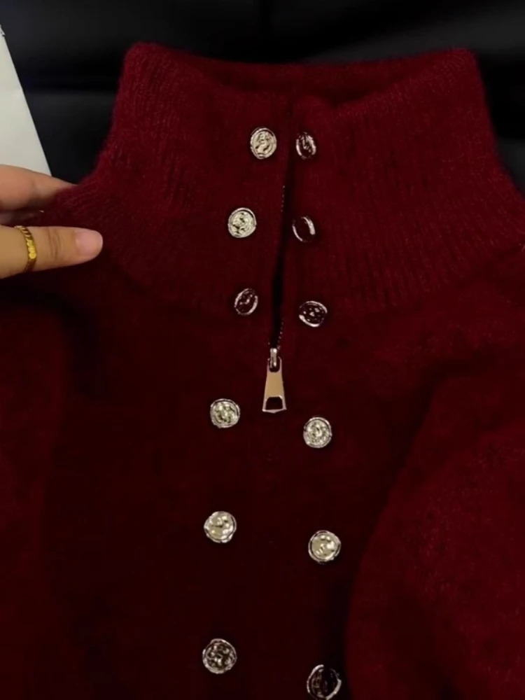 y Fluffy Knitted Cardigan Sweater n Double Breasted Coat Women Autumn Highend Lazy Zipper 2000s Y2k Knit Top 251027