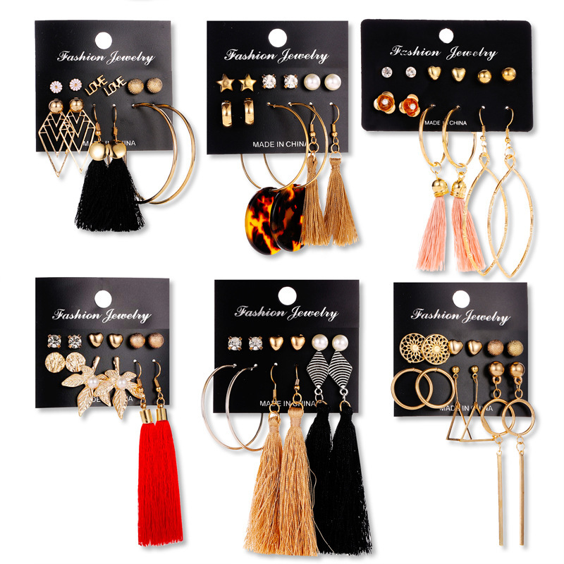 18k Gold Plated Set Tassel Bohemian 6 Pairs Of Stud Earrings Jewelry