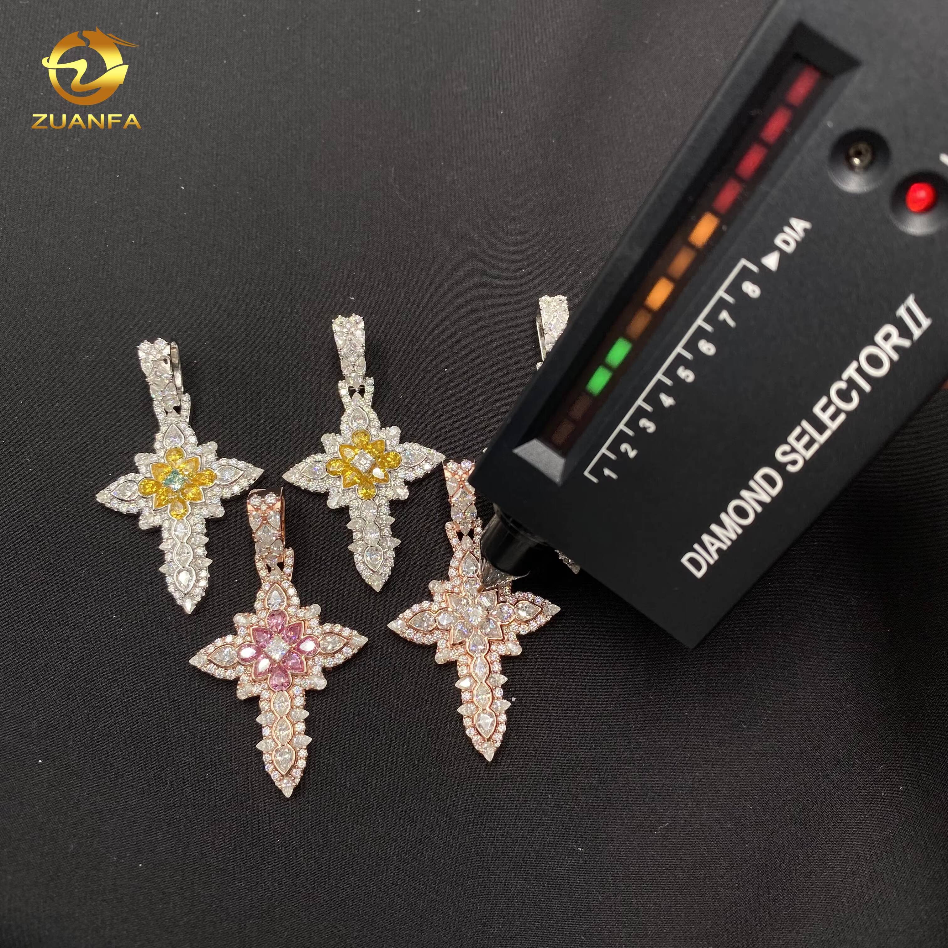 Pear Cut Iced Out Custom Colored Diamond Hip Hop Jewelry Pendant Cross Shape Flower 925 Sterling Silver VVS Moissanite Pendant