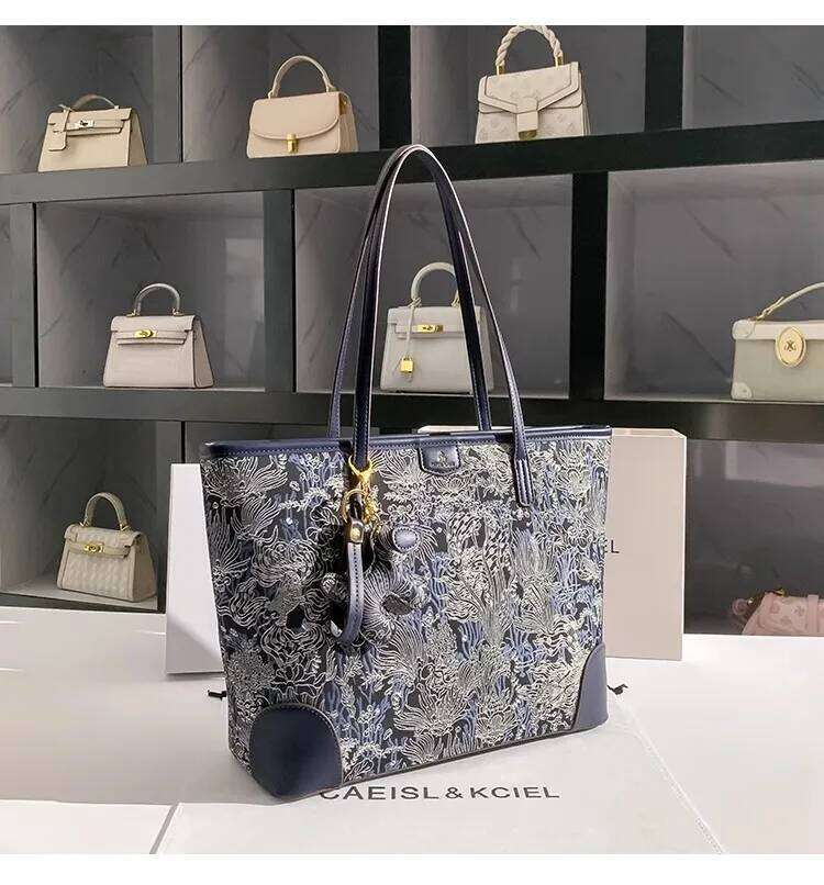 Large Capacity Blue Color Embroidery Tote Fashion Purse High Quality Women Handbag Shoulder Underarm Female Shopping Bag