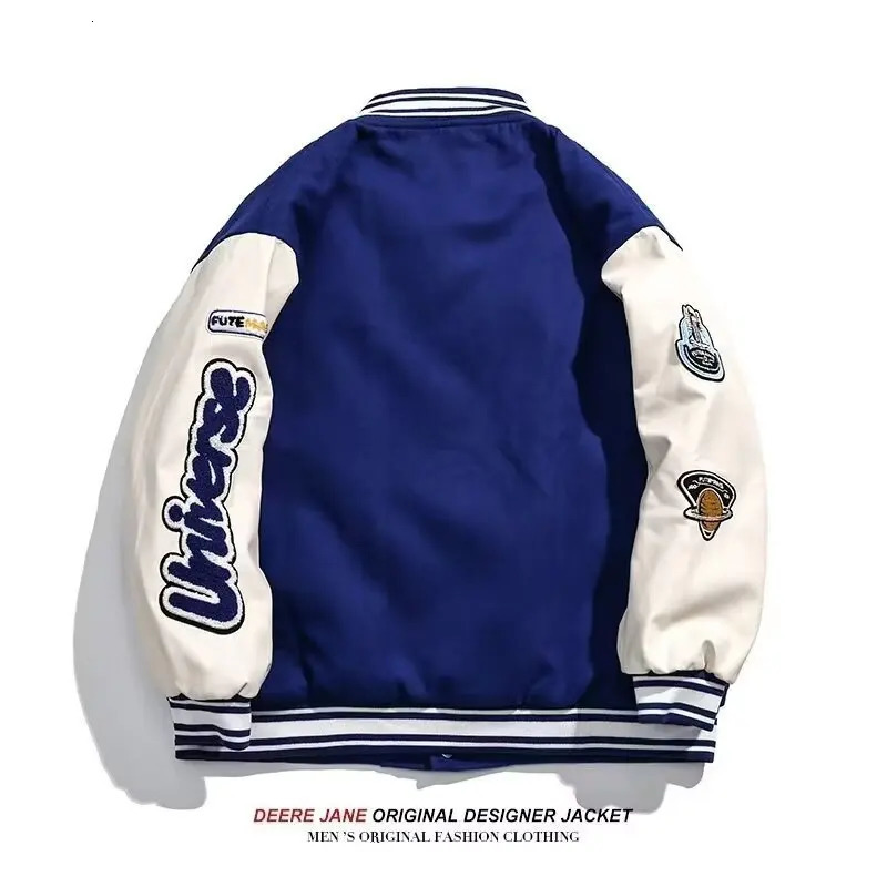 Vintage Baseball Jacket Men Women Couple Klein Blue PU Sleeves Bomber Mens Outwear Fashion Coat Man 251028