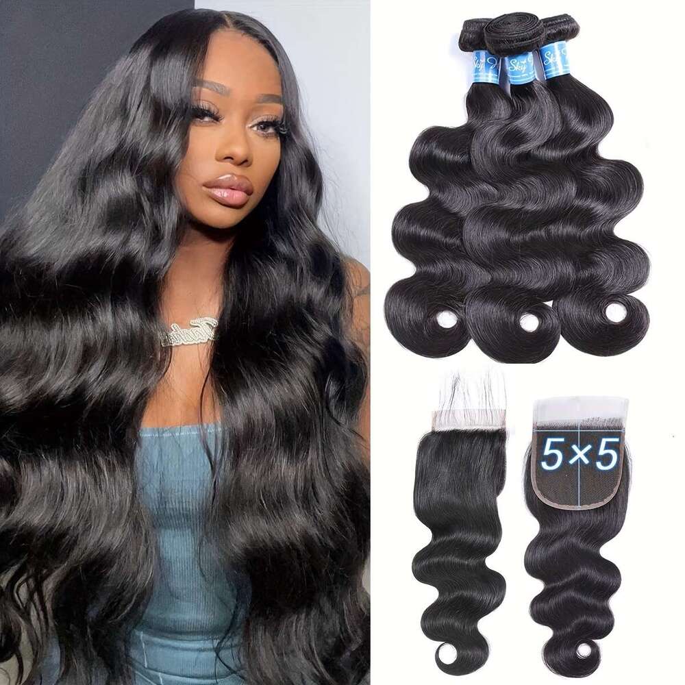 Body 100% Brazilian Virgin 3 5X5 Free Part Lace Human With Closure Color Weaving Extensions Bundles, Hair Bundles For Weaving, Natural Wave Texture, S