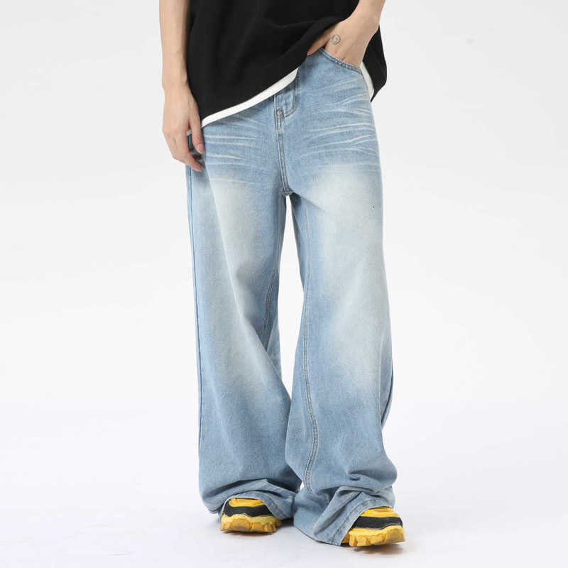 Men's Jeans Man Spring/Summer New American Style Washed Crease Design Vintage Light Blue Jeans