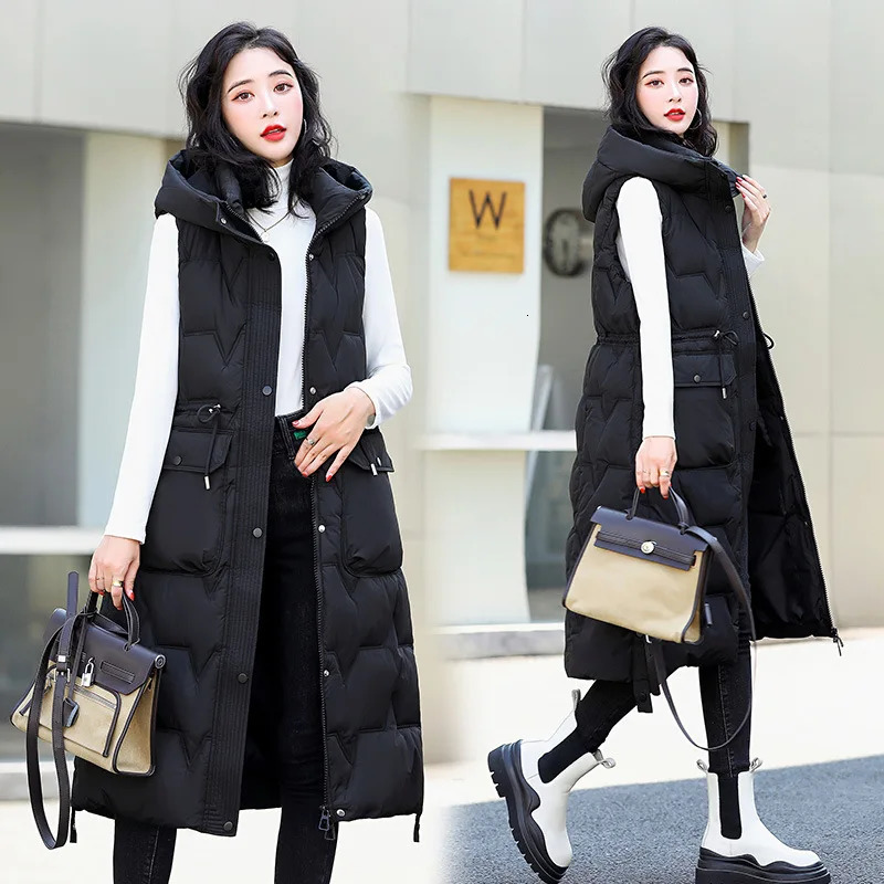 Autumn Winter Hooded Korean Version Womens Down Cotton Vest Coat Sleeveless Over The Knee Loose Lady Waistcoat Jacket 251024