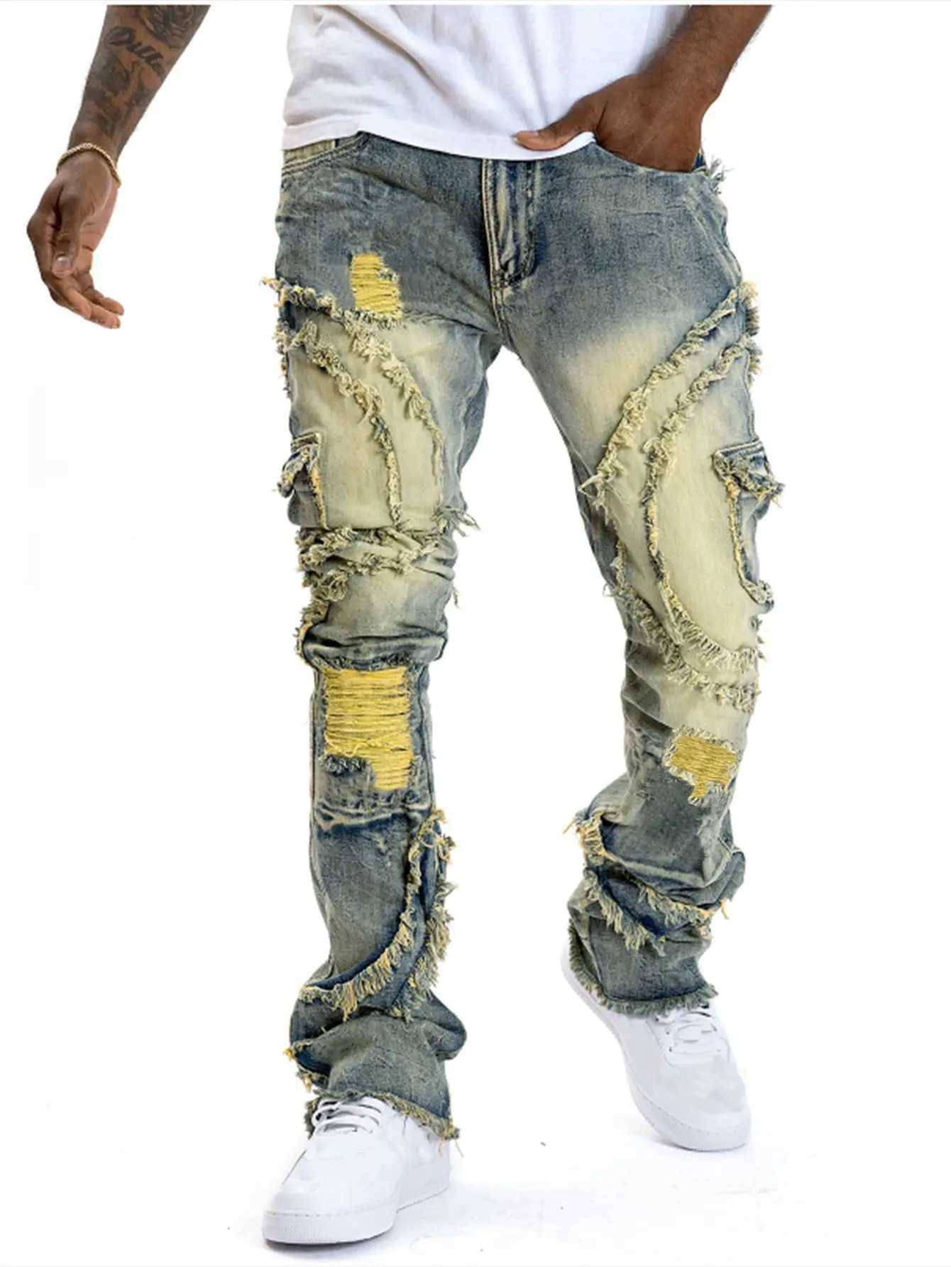 2025 New European and American mens casual jeans street punk fashion retro ripped hole slightly flared tassel elastic jeans J251030