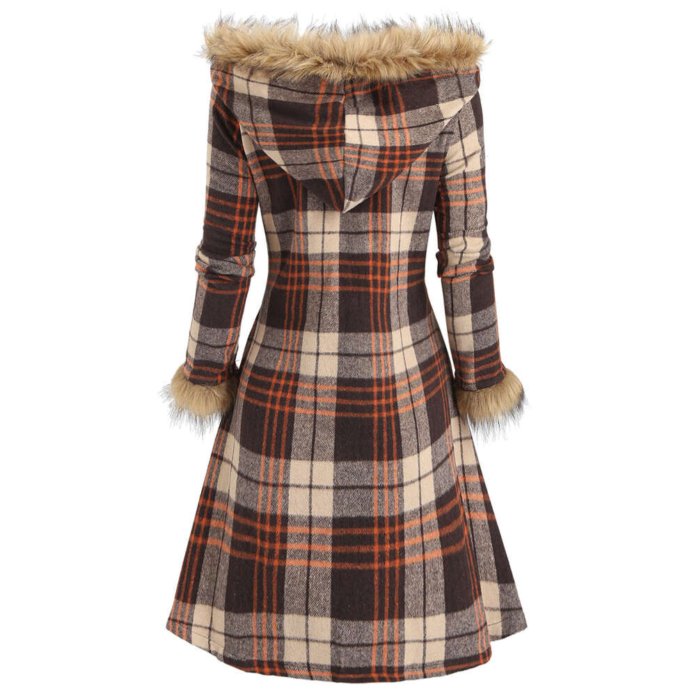 Women S Tartan With Hood Collar Bury Black White Plaid Jacket Golden Tone Buckles Like Trim Fau Hine Washable Elegant Scottish Inspired Outerwear For 