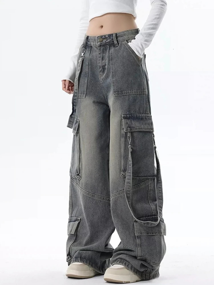 Cargo Jeans for Women Baggy High Street Chic Allmatch Daily Vintage Ins Waist Trousers Autumn Multipockets Classic 251029