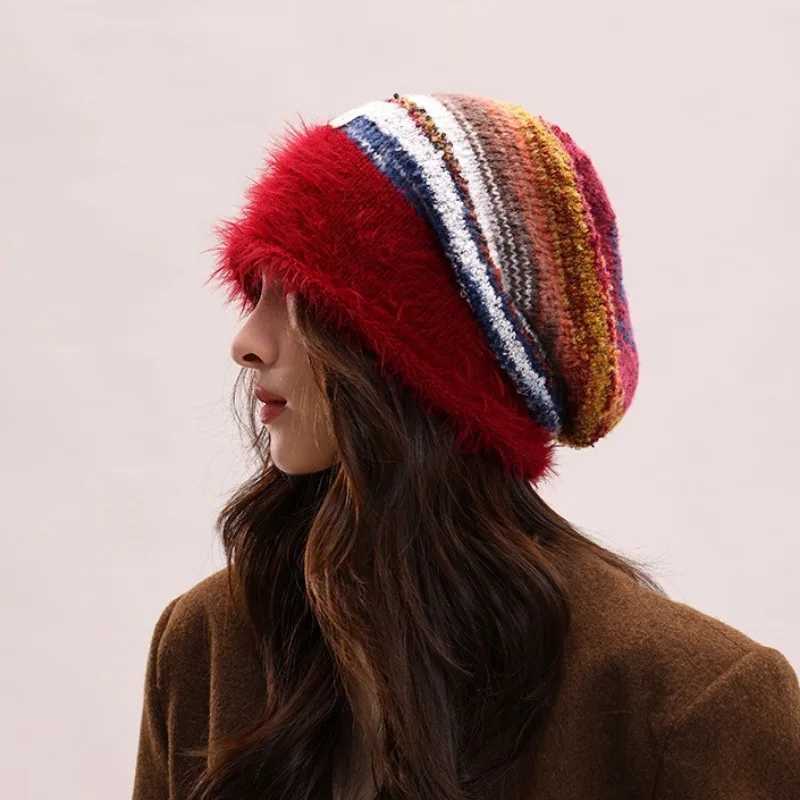 Maillard Fuzzy Warm Beanie Women Stylish Retro Knitted Hat Fall Winter Female Ear Protection Fashion Design Stacked Hat LadiesXJ251030