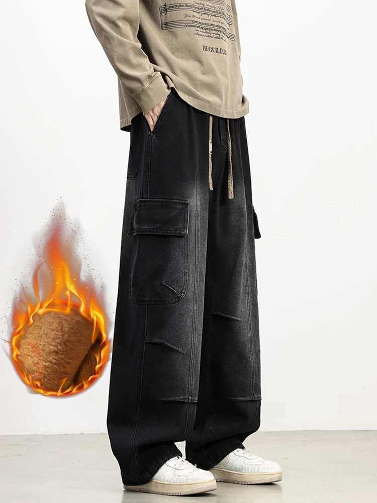 Mens Winter Fleece Cargo Jeans with 5 Pockets Wide Leg Straight Baggy Jeans Brushed Warm Denim Pants Asian Size L6XL J251030