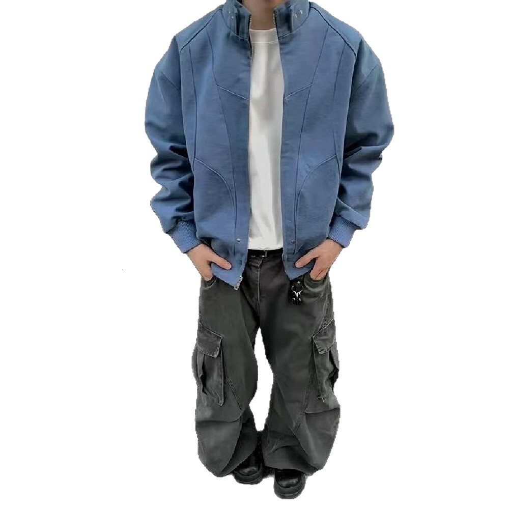 American Style Blue Workwear Jacket For Men Spring And Autumn Coat Designer Jacket With High-end Feel Stylish And Cool Oversized Stand Collar Short Ba