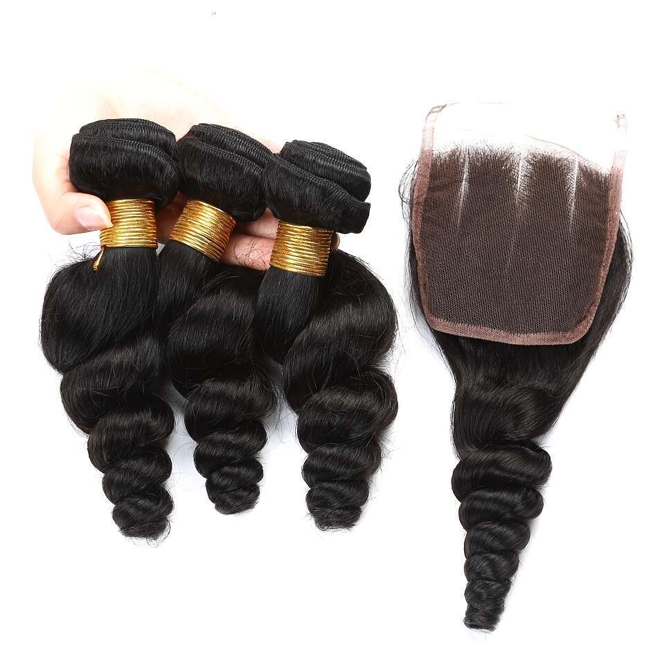 3 Bundles Brazilian Loose Wave Human Extensions With 5X5 Transparent HD Lace Closure - Natural Black Unprocessed Hair Weave, Voluminous Waves Women, S