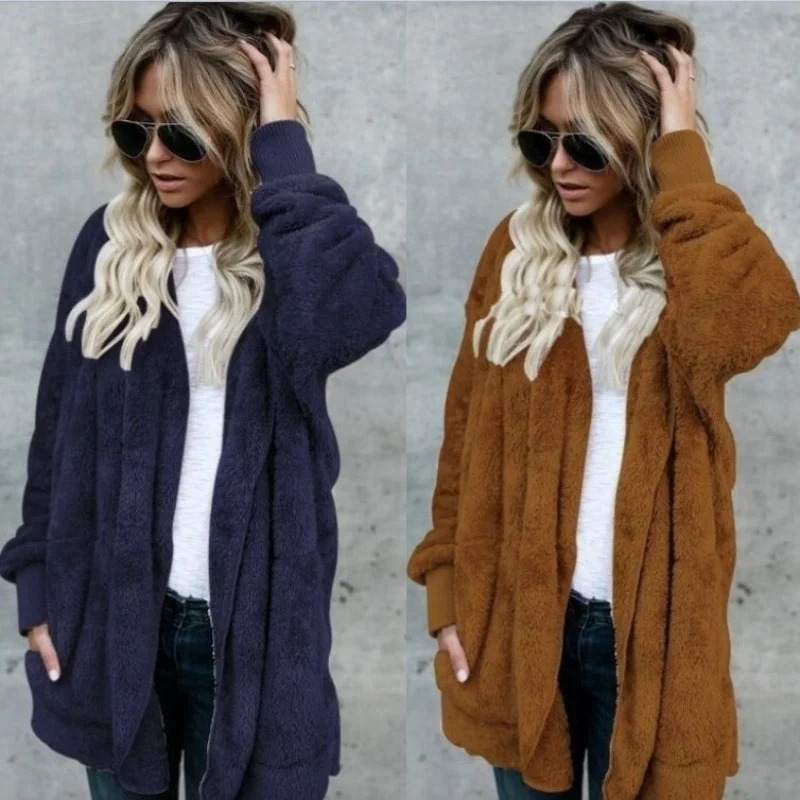 Women Autumn Winter Doublefaced Fur Fleece Faux Medium Style Hooded Warm Thick Coat Casual Solid Longsleeved Overcoat 251028